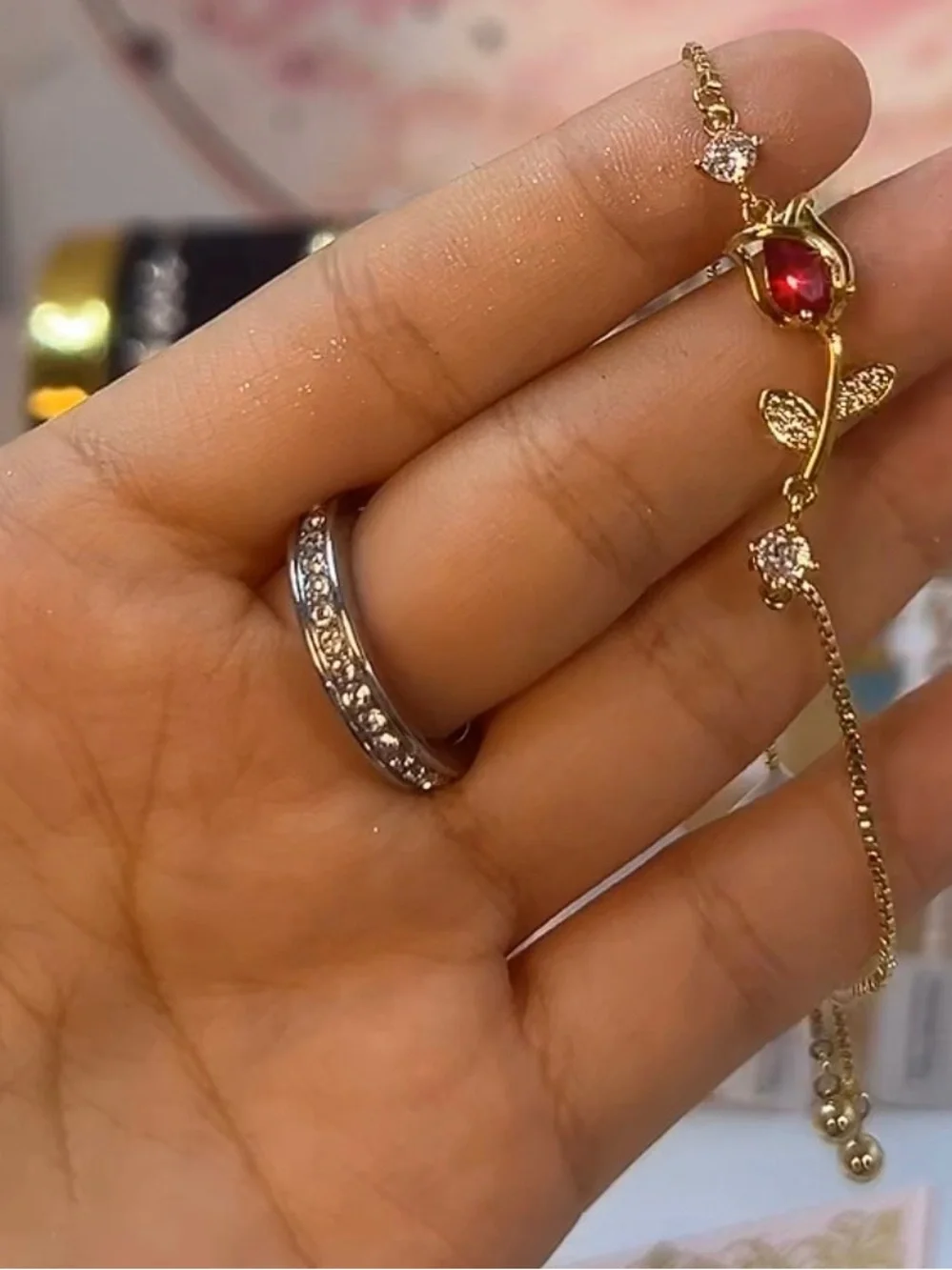 Dainty 14K Gold Plated Rose Bracelet with Red Gemstone Adjustable Jewelry